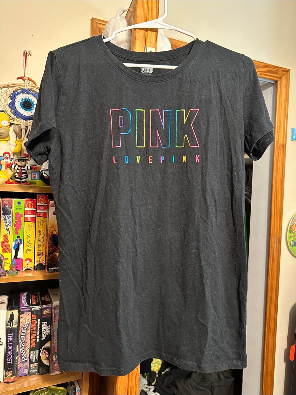 PINK Black T Shirt Short Sleeve Rainbow Logo